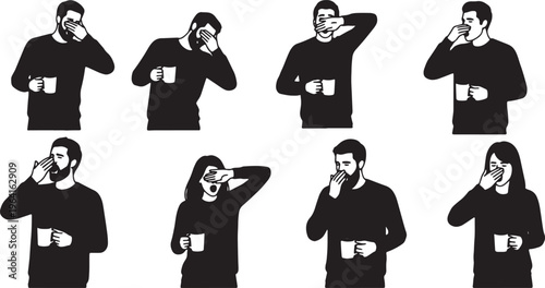 Black Solid Casual Telecommuter Yawning Coffee Mug Silhouettes Set of Six on White Background