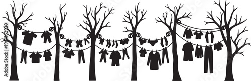 Black Solid Clothesline Pulley Tree Silhouettes Set of Six on White Background