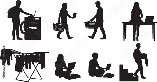 Black Solid Casual Telecommuter Laundry Carrying Laptop Silhouettes Set of Six on White Background
