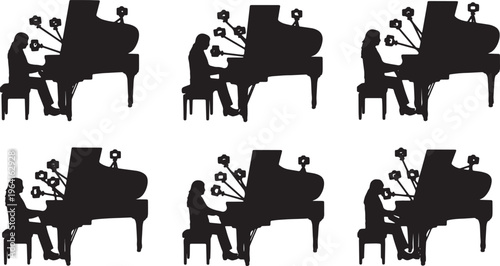 Black Solid Classical Pianist Multi Camera Grand Piano Silhouettes Set of Six on White Background