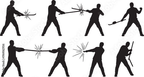 Black Solid Coach Breaking Stick Silhouettes Set of Six on White Background