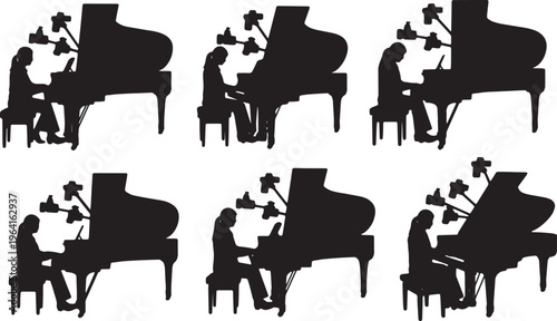 Black Solid Classical Pianist Multi Camera Grand Piano Silhouettes Set of Six on White Background