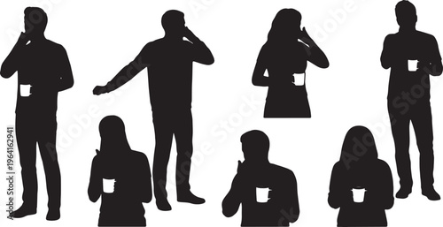 Black Solid Casual Telecommuter Yawning Coffee Mug Silhouettes Set of Six on White Background