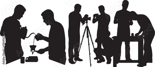 Black Solid Coffee Enthusiast Espresso Tripod Camera Silhouettes Set of Six on White Background