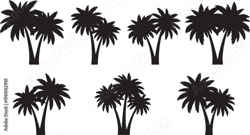 Black Solid Clustered Palm Tree Silhouettes Set of Six on White Background