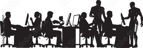 Black Solid Office Worker And Robot Collaboration Silhouettes Set of Six on White Background