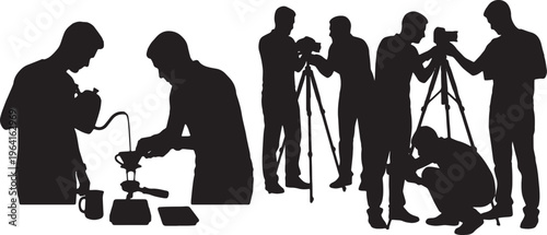 Black Solid Coffee Enthusiast Espresso Tripod Camera Silhouettes Set of Six on White Background