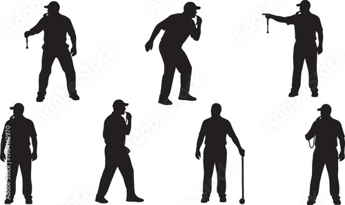 Black Solid Coach Holding Whistle Silhouettes Set of Six on White Background