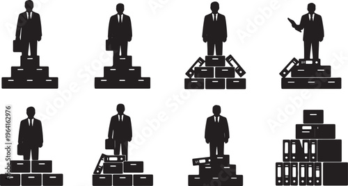 Black Solid Chief Director Peak File Boxes Silhouettes Set of Six on White Background