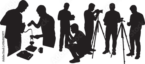 Black Solid Coffee Enthusiast Espresso Tripod Camera Silhouettes Set of Six on White Background