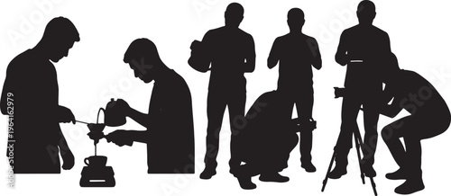 Black Solid Coffee Enthusiast Espresso Tripod Camera Silhouettes Set of Six on White Background