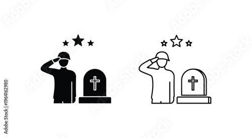 Military salute, funeral icons, memorial symbols, black and white vector graphics