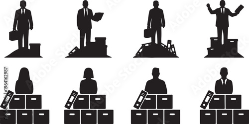 Black Solid Chief Director Peak File Boxes Silhouettes Set of Six on White Background
