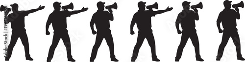 Black Solid Coach Shouting Megaphone Silhouettes Set of Six on White Background