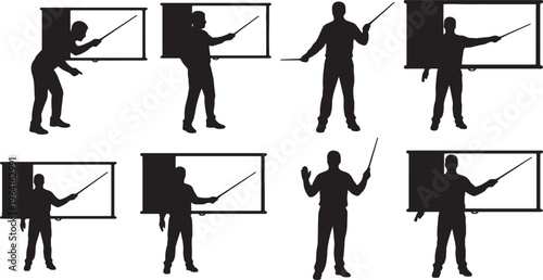 Black Solid Coach Pointing at Projection Screen Silhouettes Set of Six on White Background