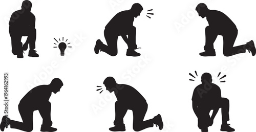 Black Solid Coach Kneeling One Knee Silhouettes Set of Six on White Background