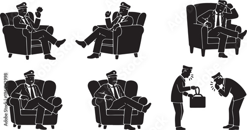 Black Solid Chief Officer Plush Chair Silhouettes Set of Six on White Background