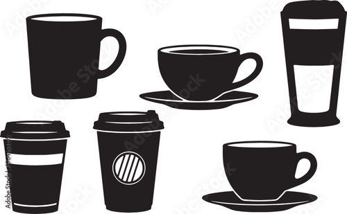 Black Solid Coffee Cup Cafe Counter Display Silhouettes Set of Six on White Background