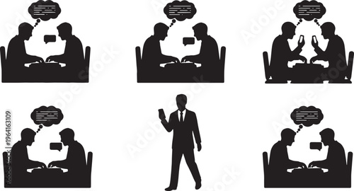 Black Solid Community Manager Replying User Forum Silhouettes Set of Six on White Background