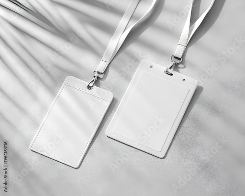 Two Blank White ID Card Holders with Lanyards Keywords: ID card, badge holder, lanyard, access