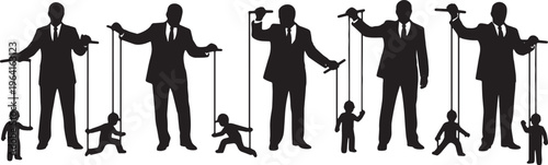 Black Solid Company Boss Puppet Strings Silhouettes Set of Six on White Background