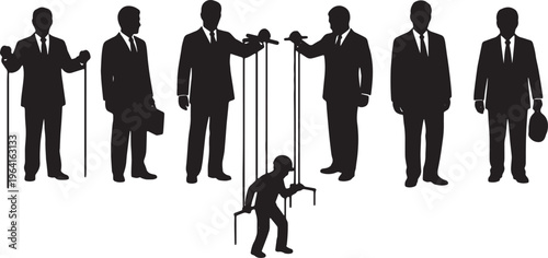 Black Solid Company Boss Puppet Strings Silhouettes Set of Six on White Background