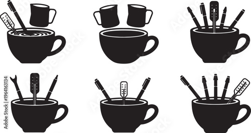 Black Solid Coffee Cup with Coffee Art Tools Silhouettes Set of Six on White Background