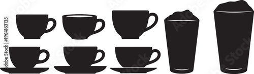Black Solid Coffee Cup Cafe Storefront Silhouettes Set of Six on White Background