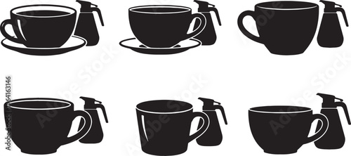 Black Solid Coffee Cup with Cream Dispensers Silhouettes Set of Six on White Background