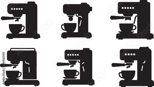 Black Solid Coffee Cup with Espresso Machines Silhouettes Set of Six on White Background