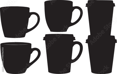 Black Solid Coffee Cup Coffee Shop Window Silhouettes Set of Six on White Background