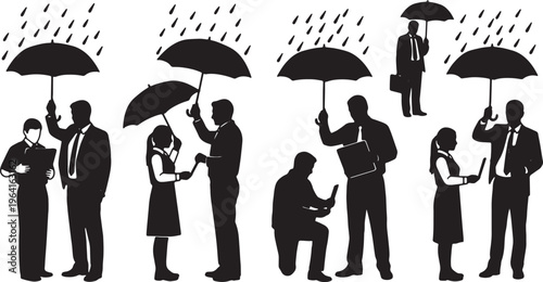 Black Solid Company Executive Umbrella Intern Silhouettes Set of Six on White Background