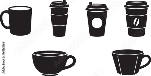 Black Solid Coffee Cup for Office Use Silhouettes Set of Six on White Background