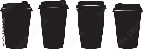 Black Solid Coffee Cup for Takeaway Silhouettes Set of Six on White Background