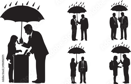 Black Solid Company Executive Umbrella Intern Silhouettes Set of Six on White Background