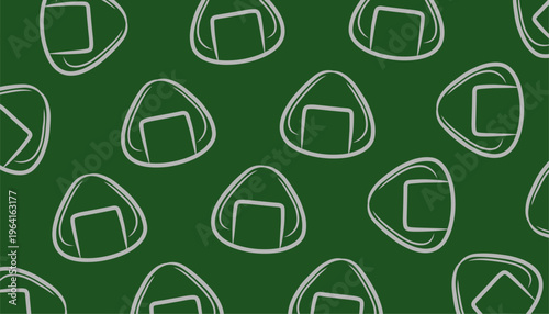 Onigiri seamless pattern illustration. Japanese rice snack repeat background. Nori wrapped triangle minimal style. Asian food texture design. Lunch wrapping surface.