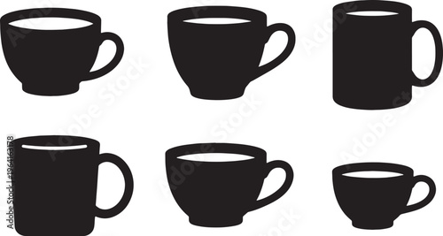 Black Solid Coffee Cup Handled and Handle-less Silhouettes Set of Six on White Background