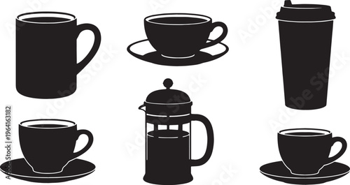 Black Solid Coffee Cup Garden Setting Silhouettes Set of Six on White Background