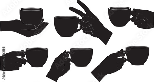 Black Solid Coffee Cup Held by Hand Silhouettes Set of Six on White Background