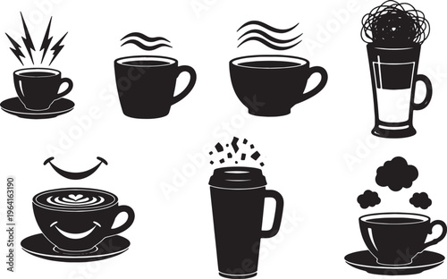Black Solid Coffee Cup for Different Moods Silhouettes Set of Six on White Background