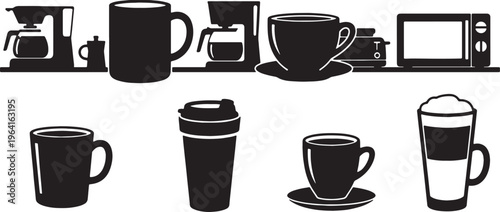 Black Solid Coffee Cup Home Kitchen Setting Silhouettes Set of Six on White Background