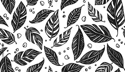 black and white leaf pattern with hand drawn style, minimalist and modern botanical design perfect for wallpaper, textile, packaging, and creative backgrounds.