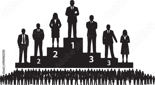 Black Solid Confident CEO Standing Podium Silhouettes Set of Six on White Background