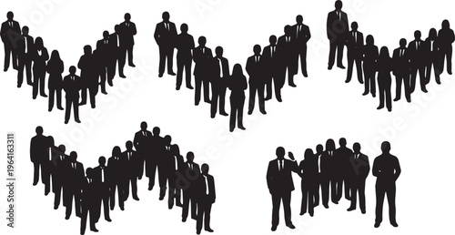 Black Solid Confident Manager V Formation Silhouettes Set of Six on White Background