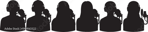 Black Solid Content Creator Recording Podcast Studio Silhouettes Set of Six on White Background