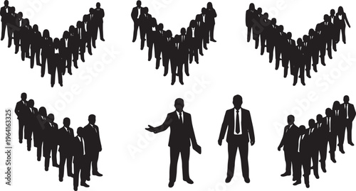 Black Solid Confident Manager V Formation Silhouettes Set of Six on White Background