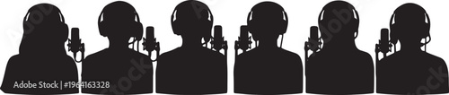Black Solid Content Creator Recording Podcast Studio Silhouettes Set of Six on White Background