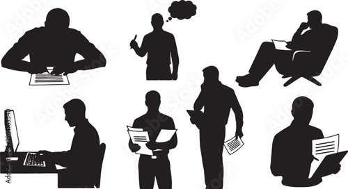 Black Solid Copywriter Drafting Brand Messaging Edit Silhouettes Set of Six on White Background
