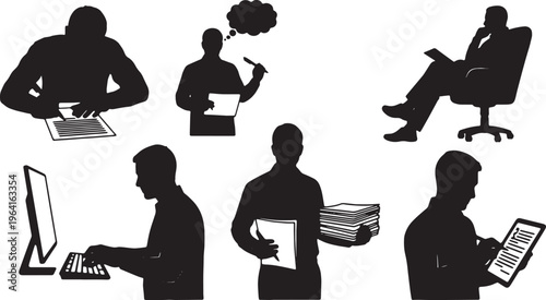 Black Solid Copywriter Drafting Brand Messaging Edit Silhouettes Set of Six on White Background