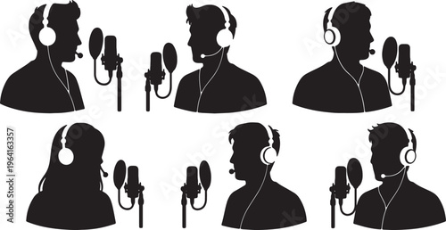 Black Solid Content Creator Recording Podcast Studio Silhouettes Set of Six on White Background